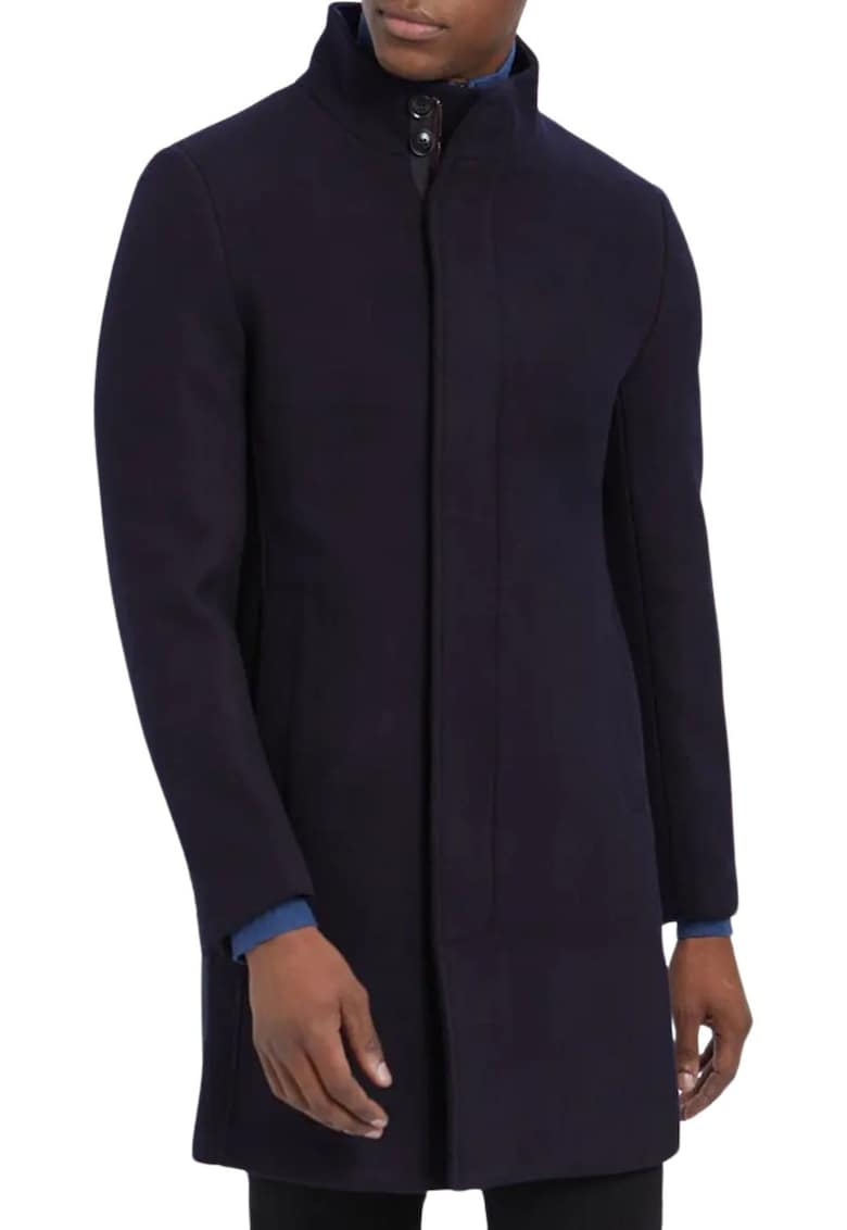 Palton barbatesc  lana si poliester - bleumarin - decolteu in V - fermoar -