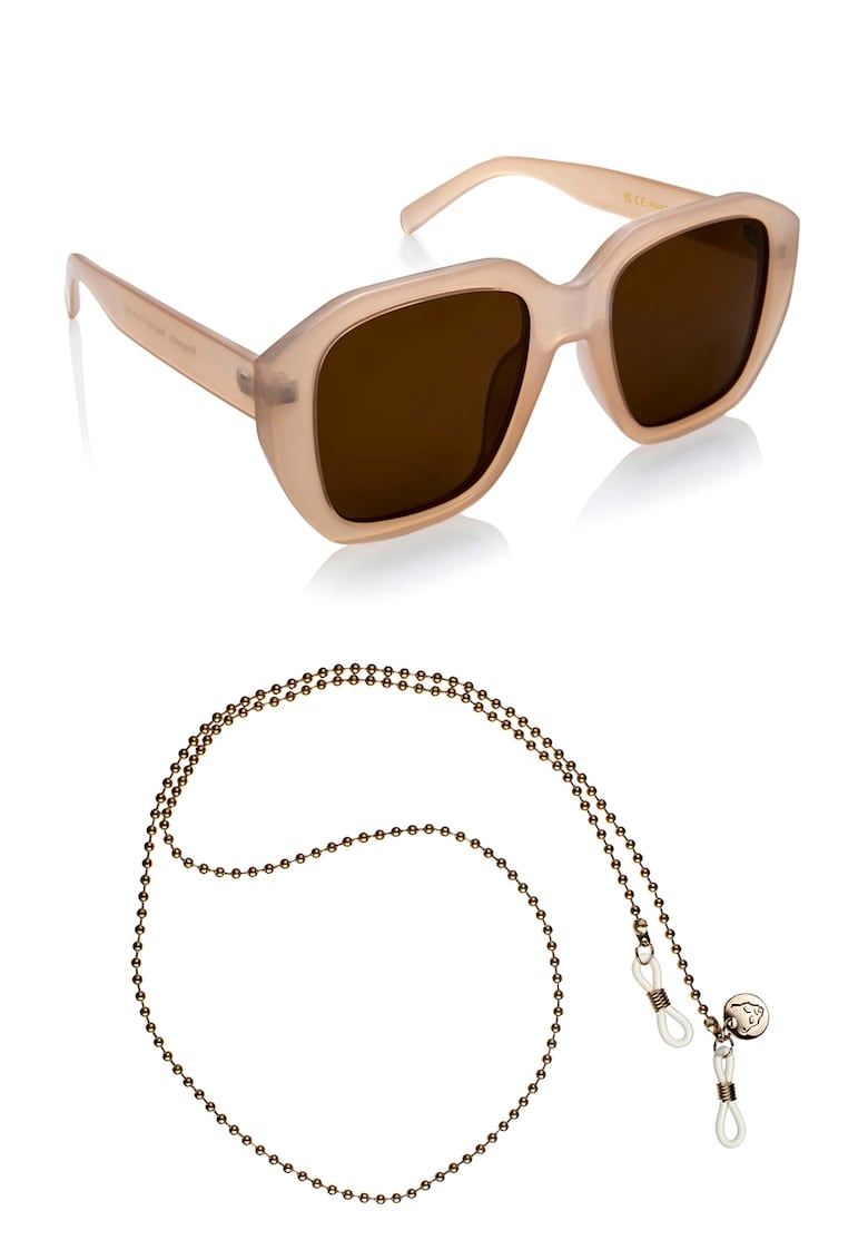 Ochelari de soare patrati unisex cu lant - Bej