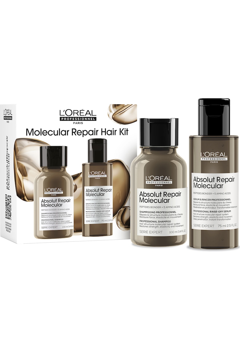 Set Travel Size Duo L'Oréal Professionnel Serie Expert Absolut Repair Molecular - pentru par deteriorat - formulat cu legaturi peptidice si 5 aminoacizi - repara structura macromoleculara a parului - Sampon 100ml + Serum 75ml