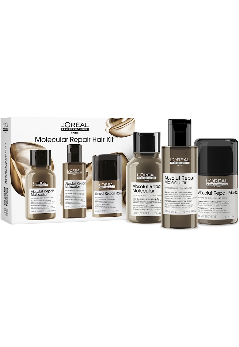 Set Travel Size Trio L'Oréal Professionnel Serie Expert Absolut Repair Molecular - pentru par deteriorat - formulat cu legaturi peptidice si 5 aminoacizi - Sampon 100ml + Serum 75ml + crema leave in 50ml