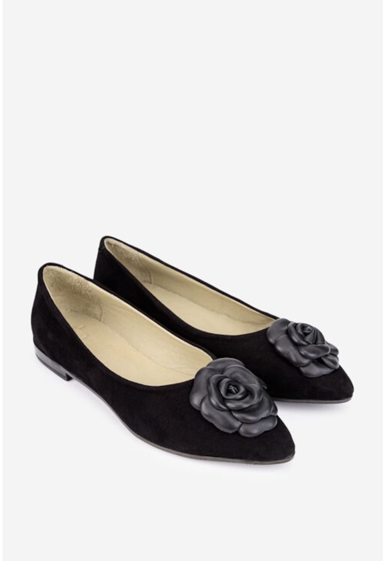 Balerini dama din piele intoarsa neagra cu floare