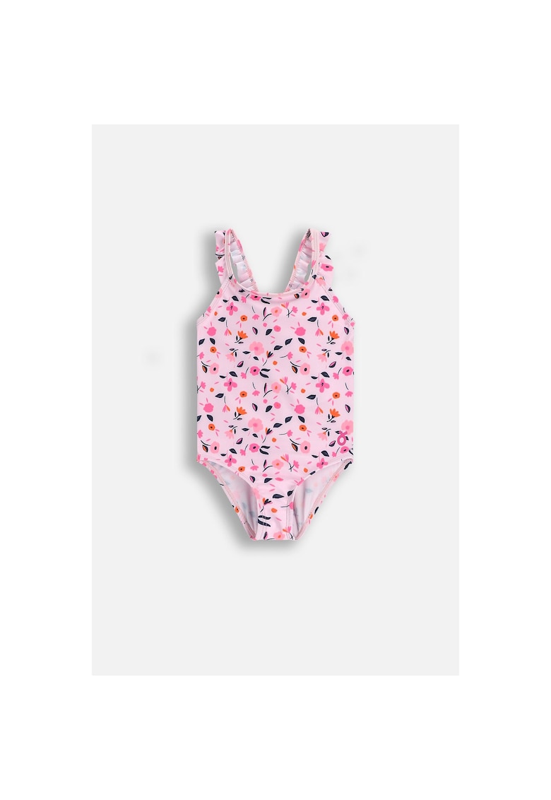 Costum de baie intreg roz - material cu uscare rapida - cu bretele si volanase decorative - pentru fete
