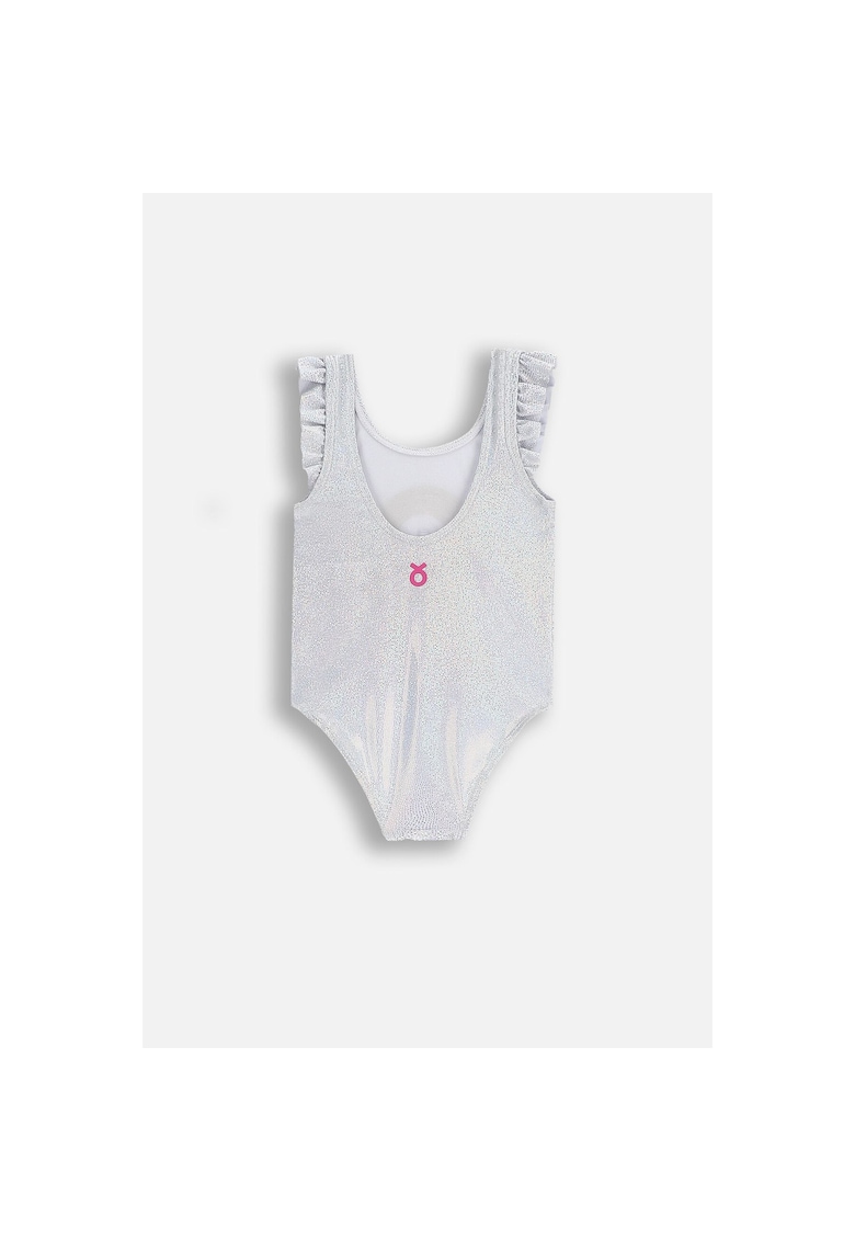 Costum de baie intreg cu aspect stralucitor si volane decorative