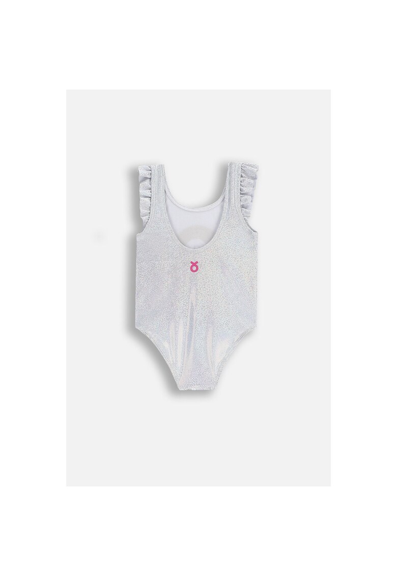 Costum de baie intreg cu aspect stralucitor si volane decorative