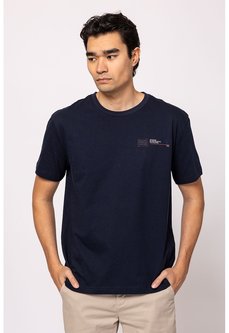 Tricou din bumbac cu decolteu la baza gatului - Bleumarin