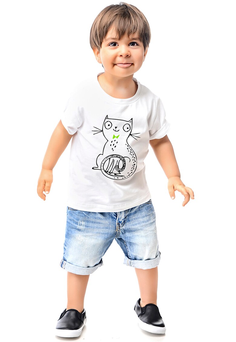 Tricou cu imprimeu pisica - Negru/Alb optic