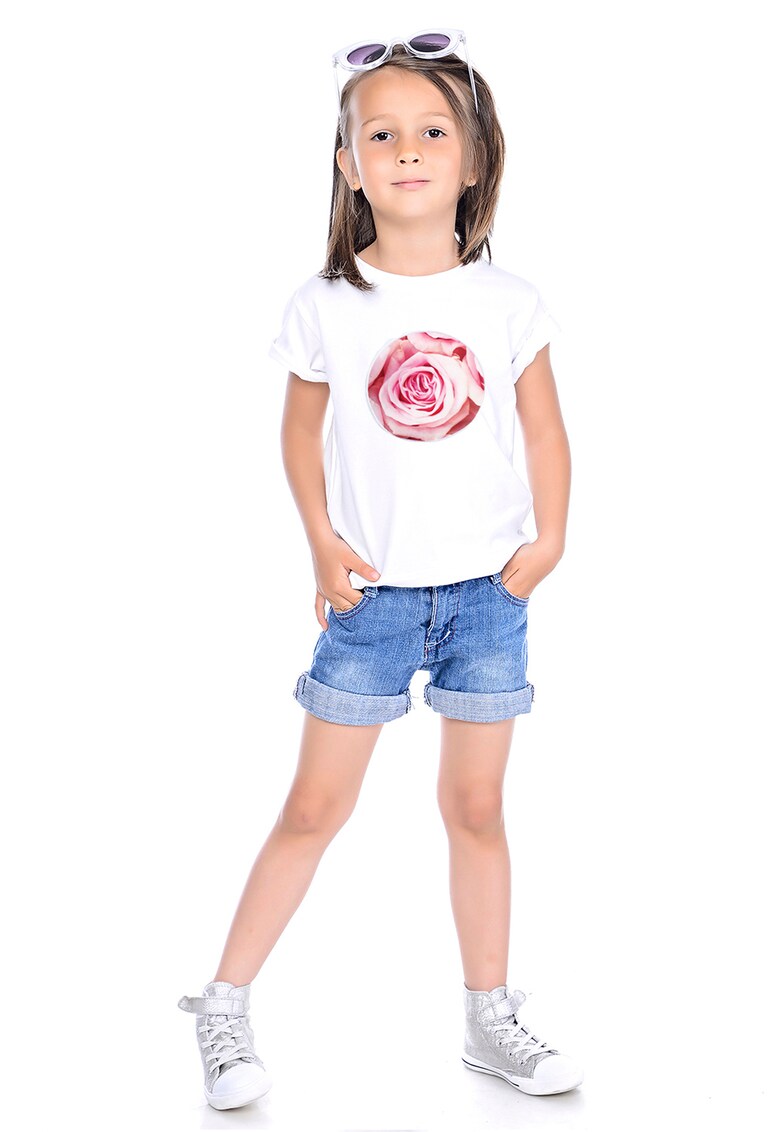 Tricou din bumbac cu decolteu la baza gatului - Roz deschis/Alb optic