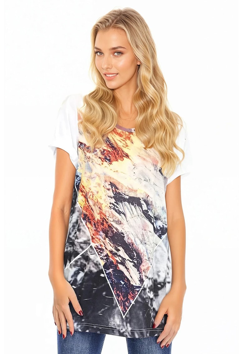 Tricou lejer cu imprimeu - Alb/Galben/Gri carbune