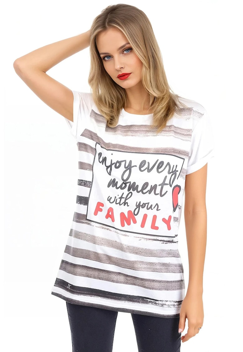 Tricou lejer cu imprimeu text - Alb/Negru/Maro taupe deschis