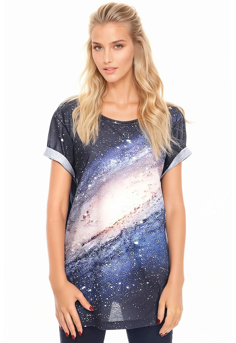 Tricou lejer cu imprimeu cosmic - Alb/Bleumarin