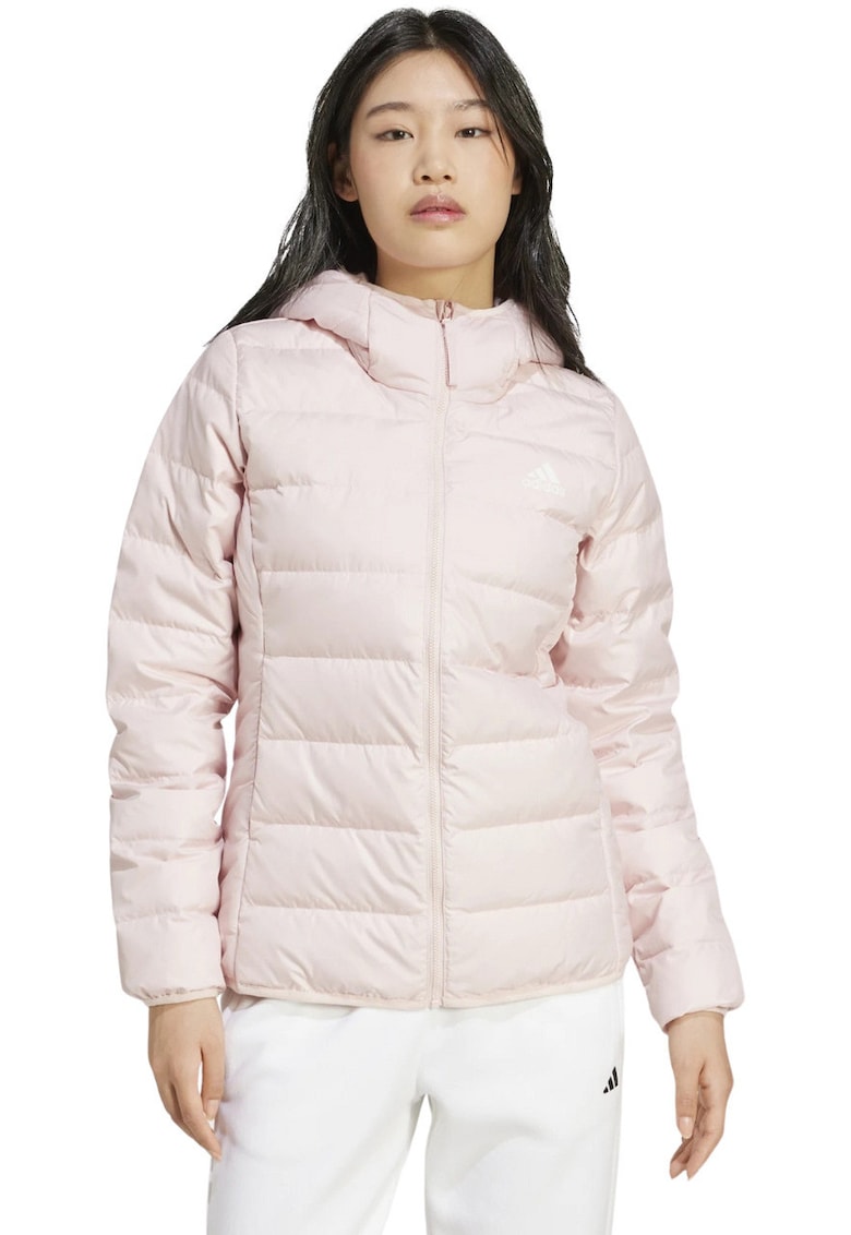 Jacheta pentru femei - adidas Essentials Light Down - roz deschis - umplutura naturala - nylon reciclabil - gluga integrata