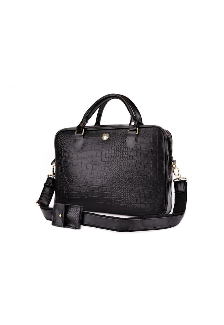 Solier Geanta de laptop din piele FL24 Venice - neagra cu motiv animalier