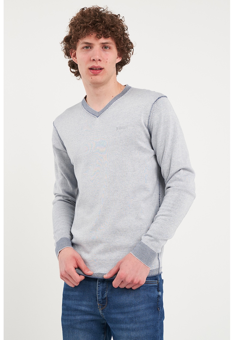 Pulover cu decolteu in V si logo pe piept - Gri melange