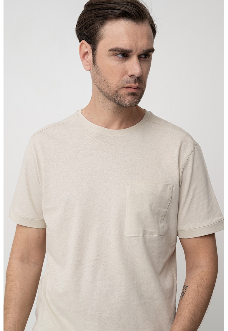 Tricou din amestec de in cu buzunar aplicat pe piept