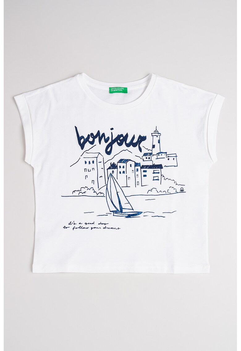 Tricou cu imprimeu text - Alb optic/Bleumarin