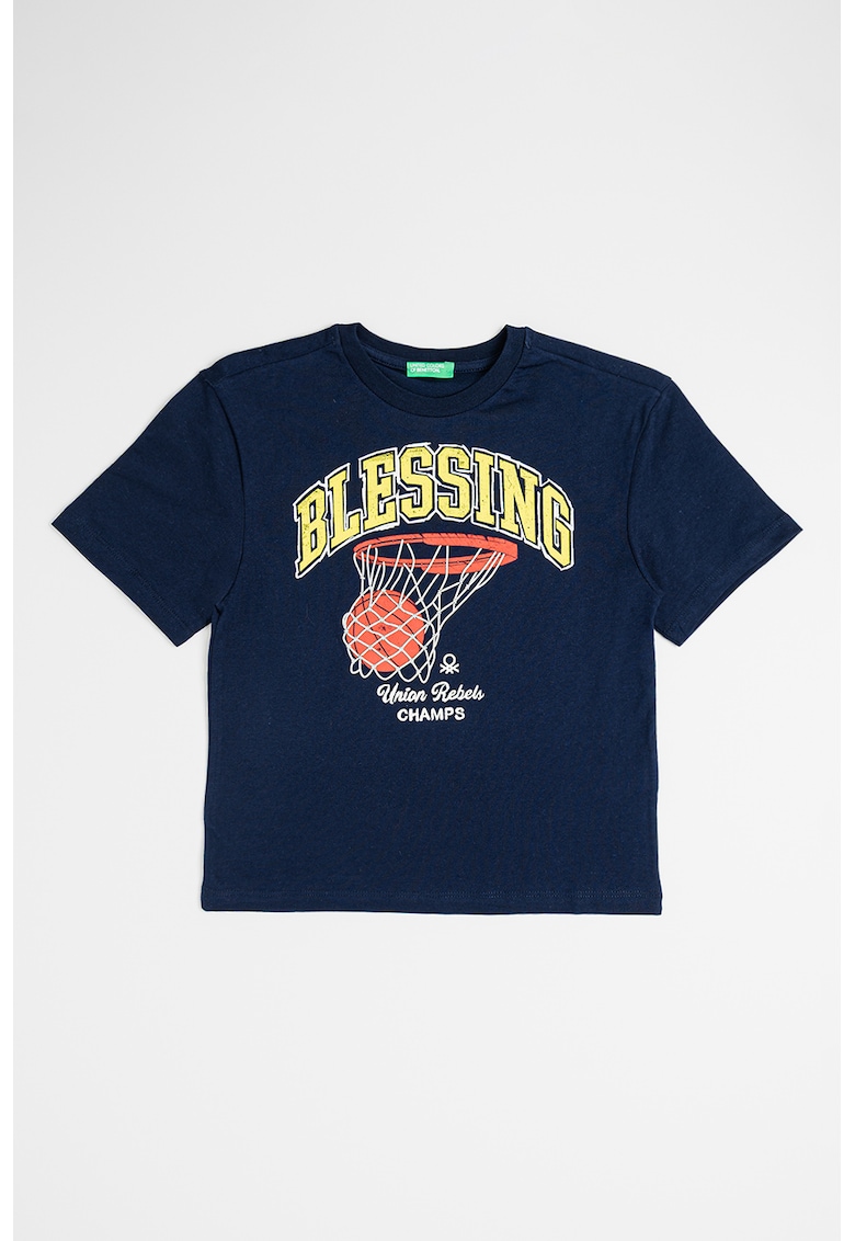 Tricou de bumbac cu decolteu la baza gatului si imprimeu