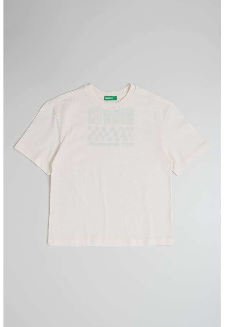 Tricou de bumbac cu decolteu la baza gatului si imprimeu