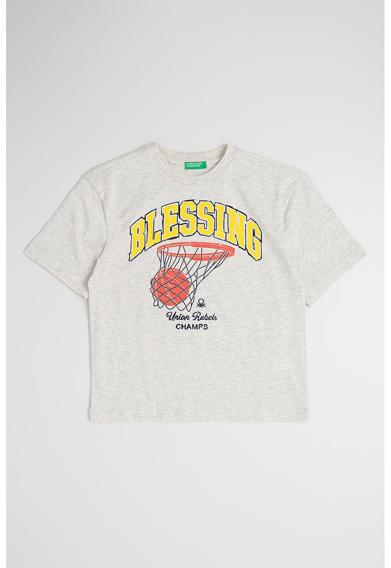 Tricou de bumbac cu decolteu la baza gatului si imprimeu