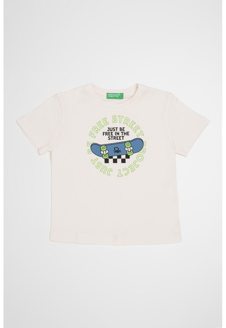 Tricou cu decolteu la baza gatului si imprimeu pe partea din spate - Verde/Alb fildes