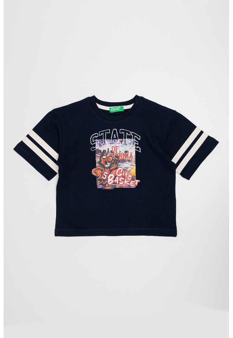 Tricou cu decolteu la baza gatului si imprimeu grafic - Alb/Albastru ultramarin