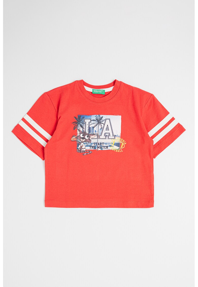 Tricou cu decolteu la baza gatului si imprimeu grafic - Rosu/Alb