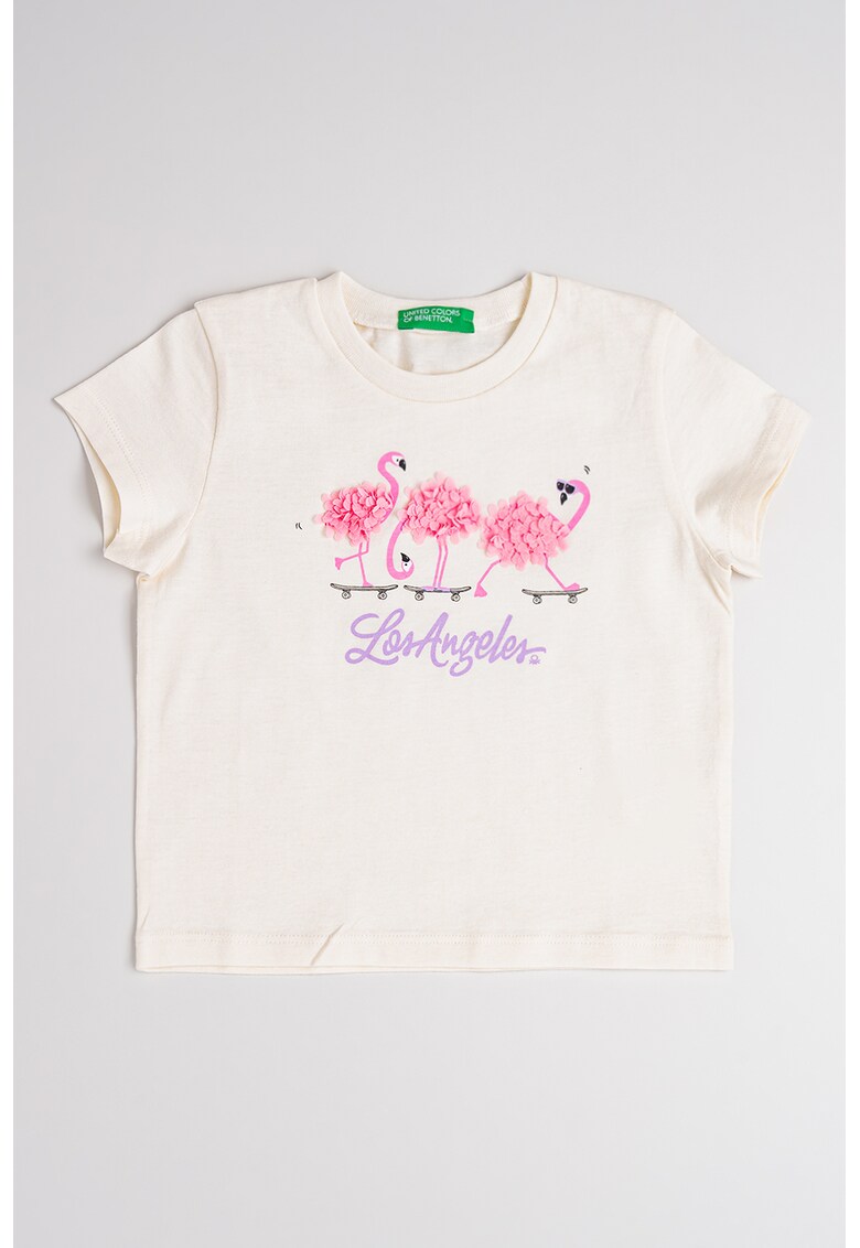 Tricou de bumbac cu decolteu la baza gatului - Alb fildes/Roz