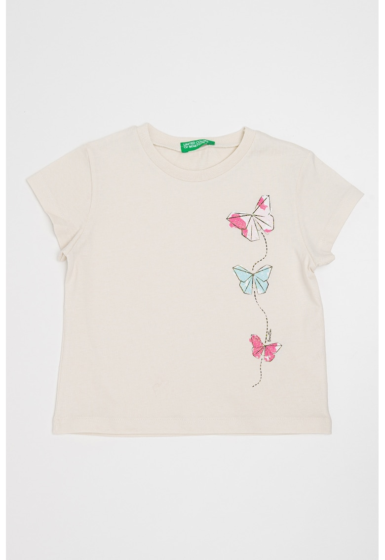 Tricou cu decolteu la baza gatului si imprimeu grafic - Alb fildes/Roz