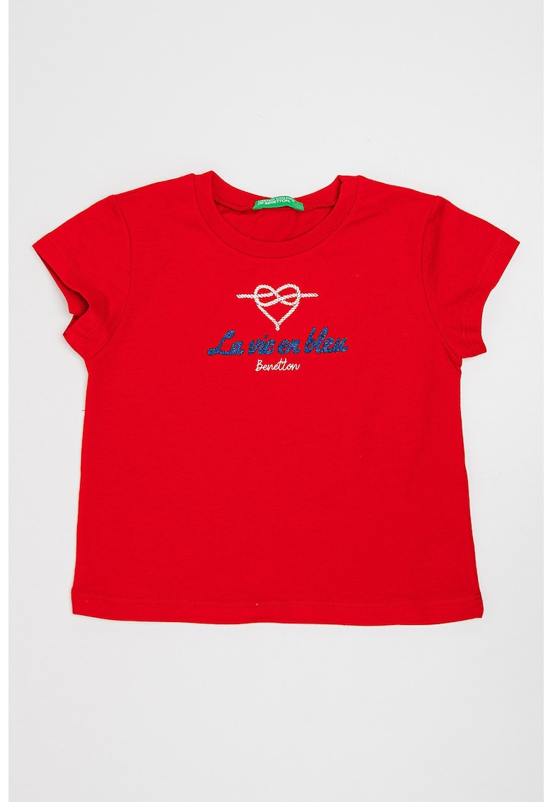 Tricou cu decolteu la baza gatului si imprimeu grafic - Rosu/Alb/Bleumarin