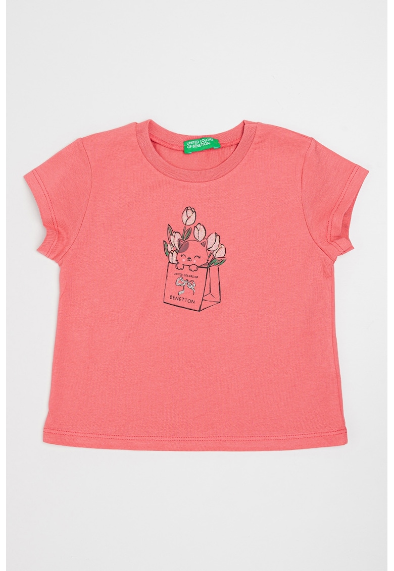 Tricou cu decolteu la baza gatului si imprimeu grafic - Roz fandango