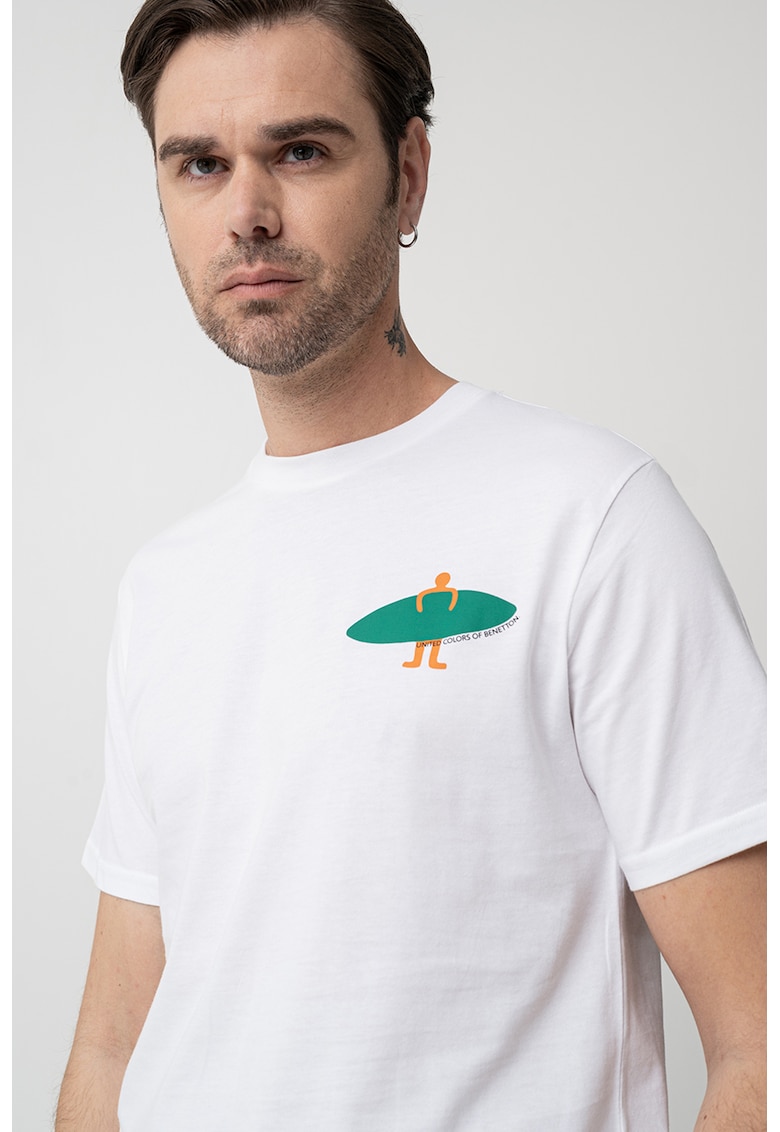 Tricou cu decolteu la baza gatului si imprimeu - Alb/Verde/Portocaliu