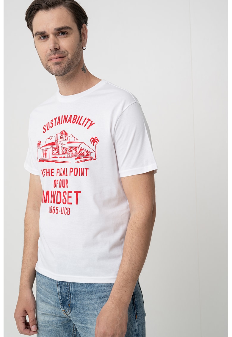 Tricou cu decolteu la baza gatului si imprimeu - Rosu/Alb