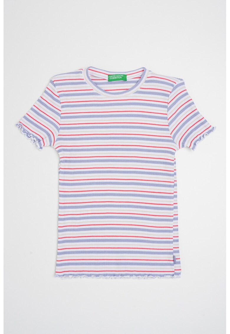 Tricou cu decolteu la baza gatului si model in dungi - Roz pastel/Lila/Alb optic