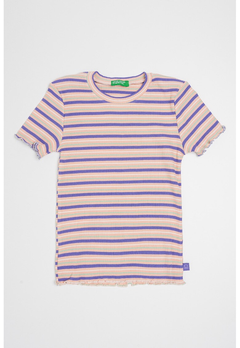 Tricou cu decolteu la baza gatului si model in dungi - Verde/Lila/Roz prafuit