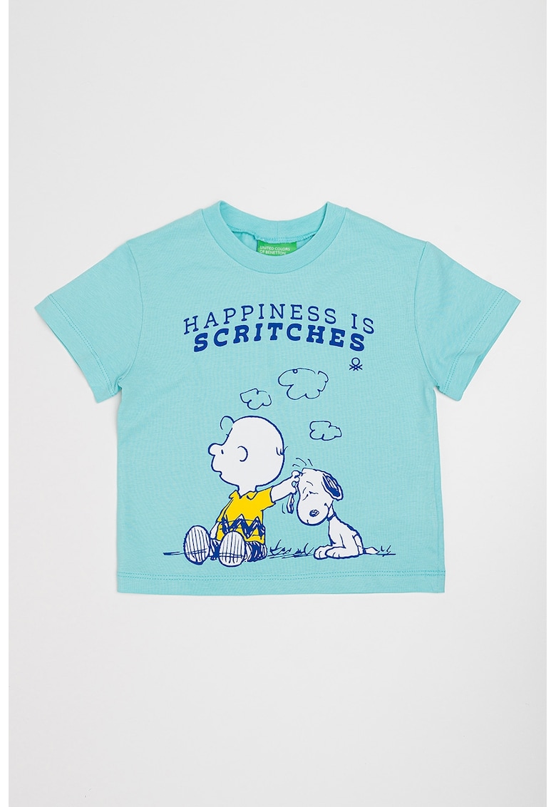 Tricou cu decolteu la baza gatului si Peanuts - Albastru royal/Verde menta