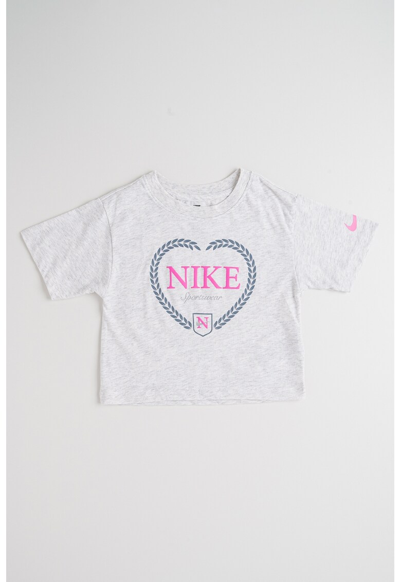 Tricou din amestec de bumbac cu imprimeu logo - Gri melange/Roz