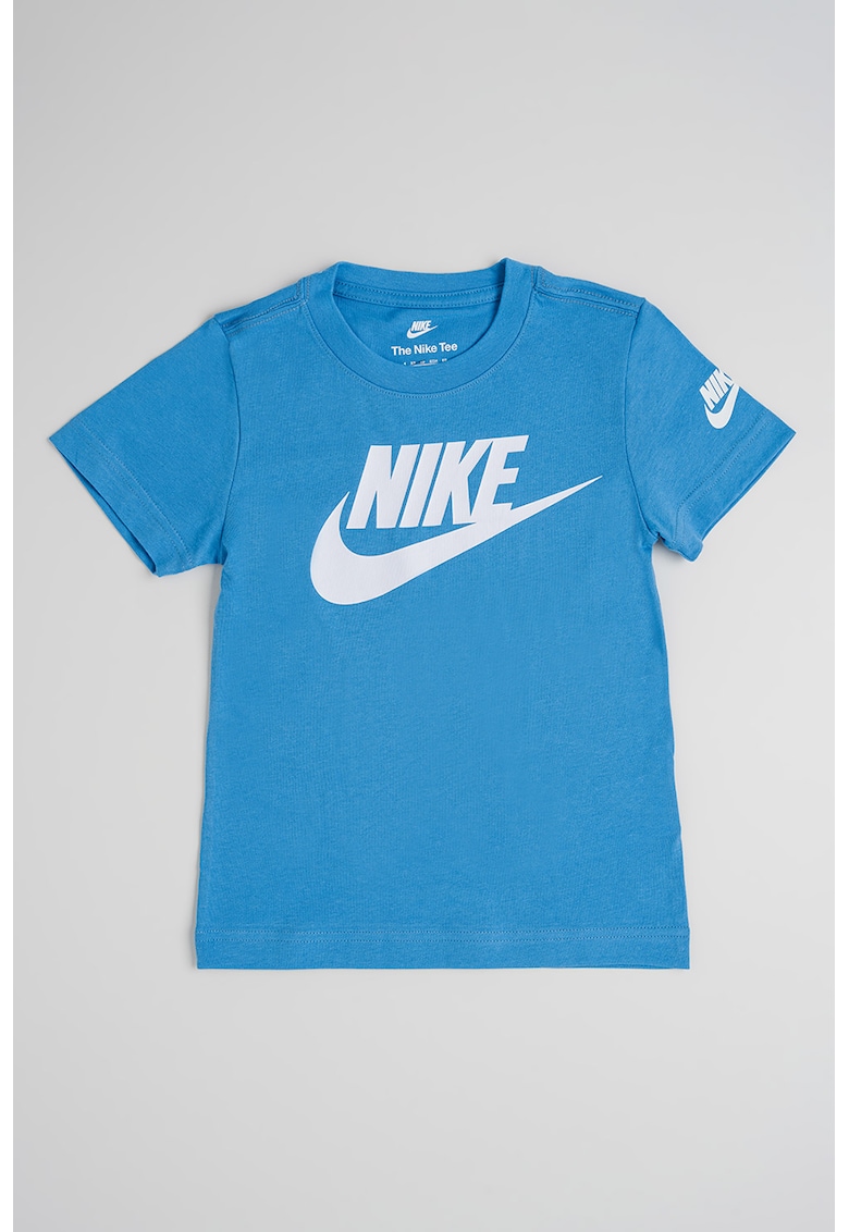 Tricou cu decolteu la baza gatului si logo - Alb optic/Albastru deschis