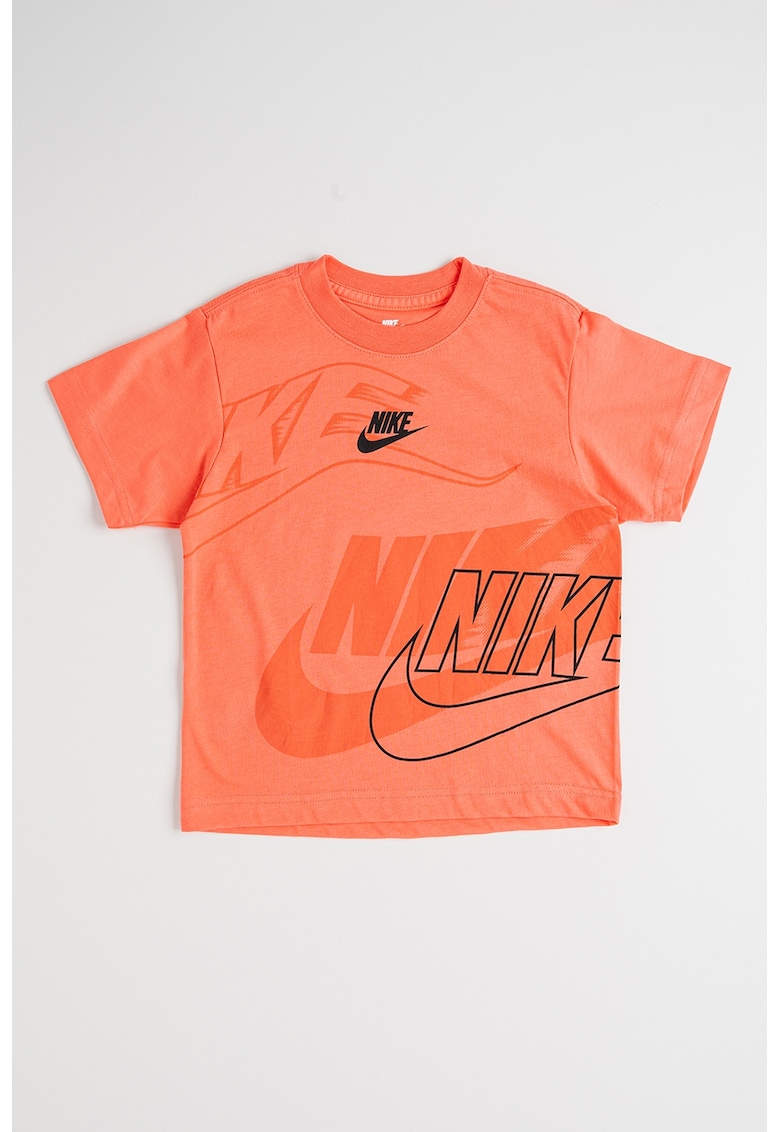 Tricou cu decolteu la baza gatului si imprimeu logo - Negru/Roz somon