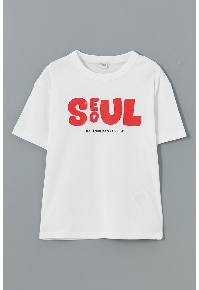 Tricou de bumbac cu imprimeu text - Coral/Alb murdar