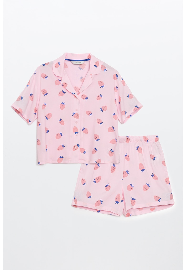 Pijama cu maneci scurte si imprimeu fructat - Albastru inchis/Roz pastel