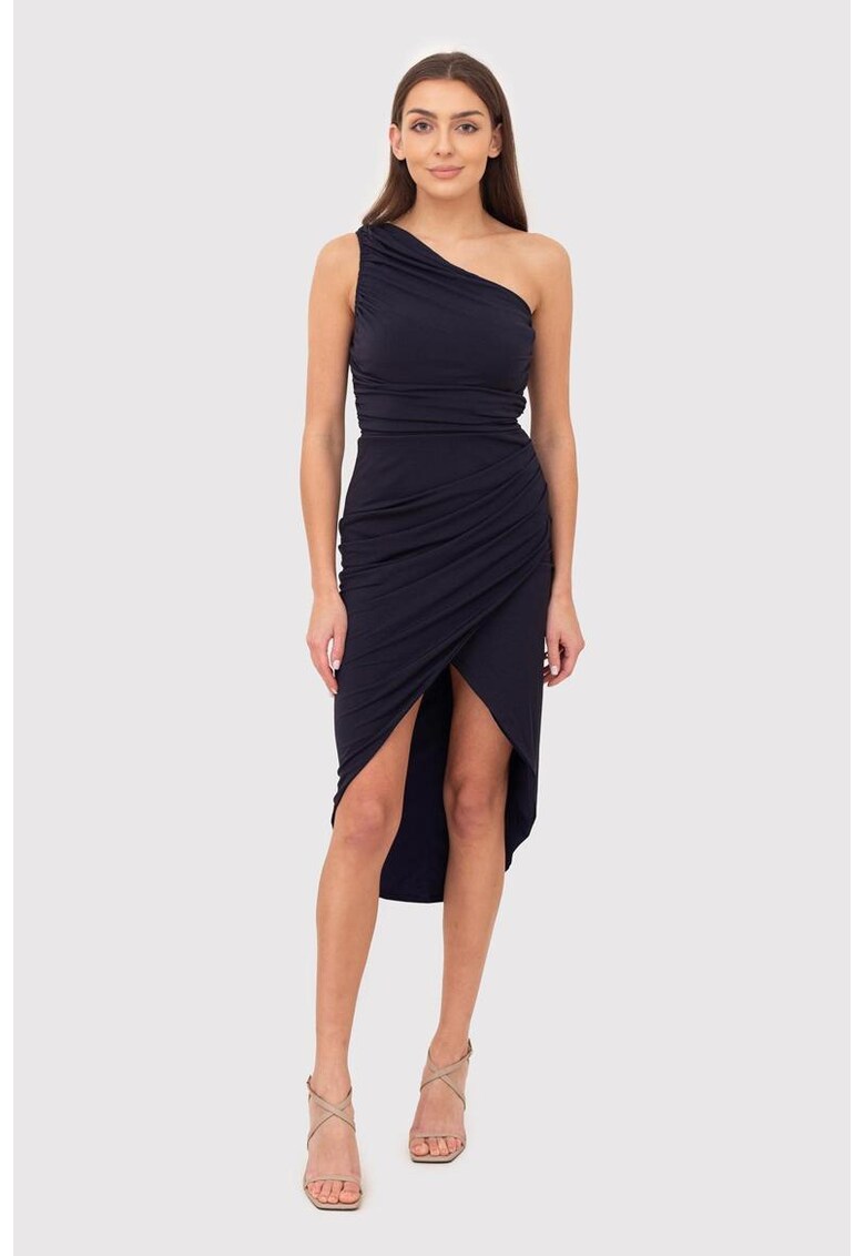 Rochie midi cu un umar drapat - albastru marin DA1770 NAVY - Albastru marin