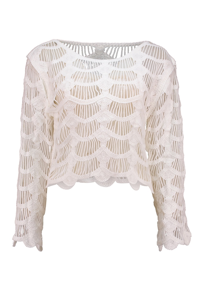 Pulover cu decolteu rotund si perforatii - Alb murdar