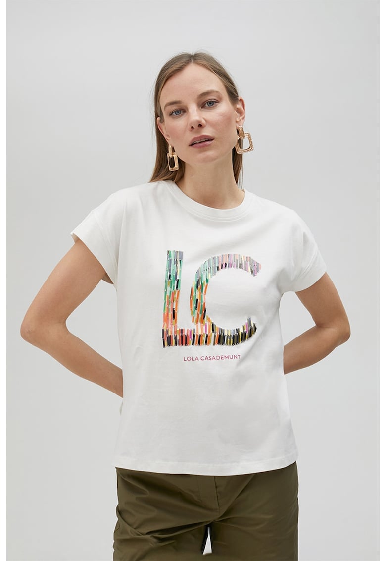 Tricou cu decolteu la baza gatului si imprimeu grafic Tricou cu decolteu la baza gatului si imprimeu grafic