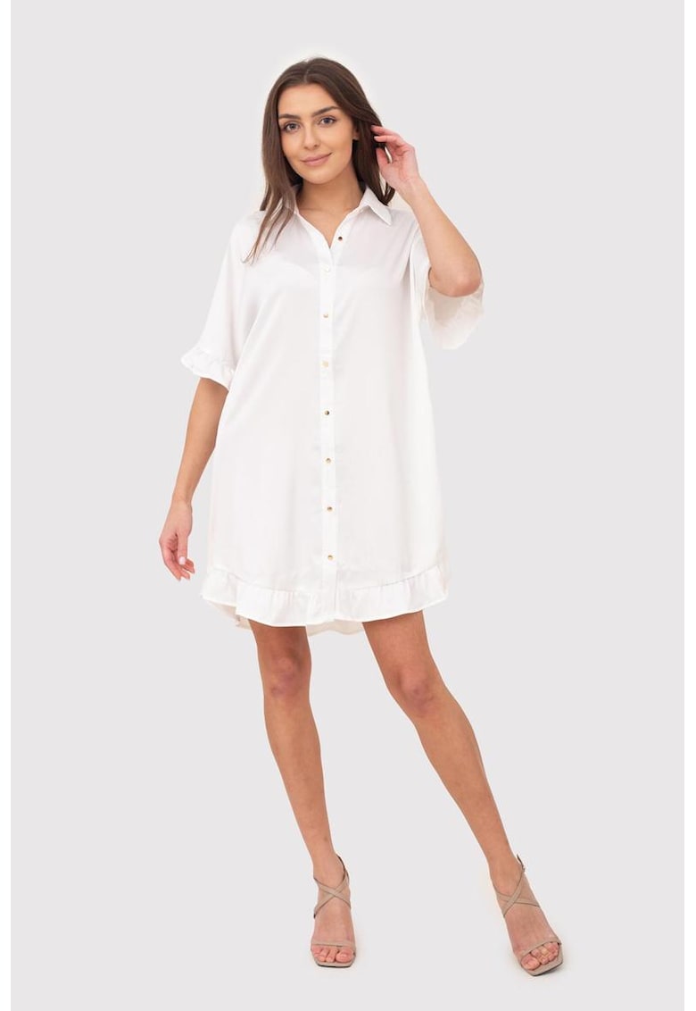 Rochie camasa crem cu bordura cu volane si nasturi aurii DA1774 CREAM Rochie camasa crem cu bordura cu volane si nasturi aurii DA1774 CREAM