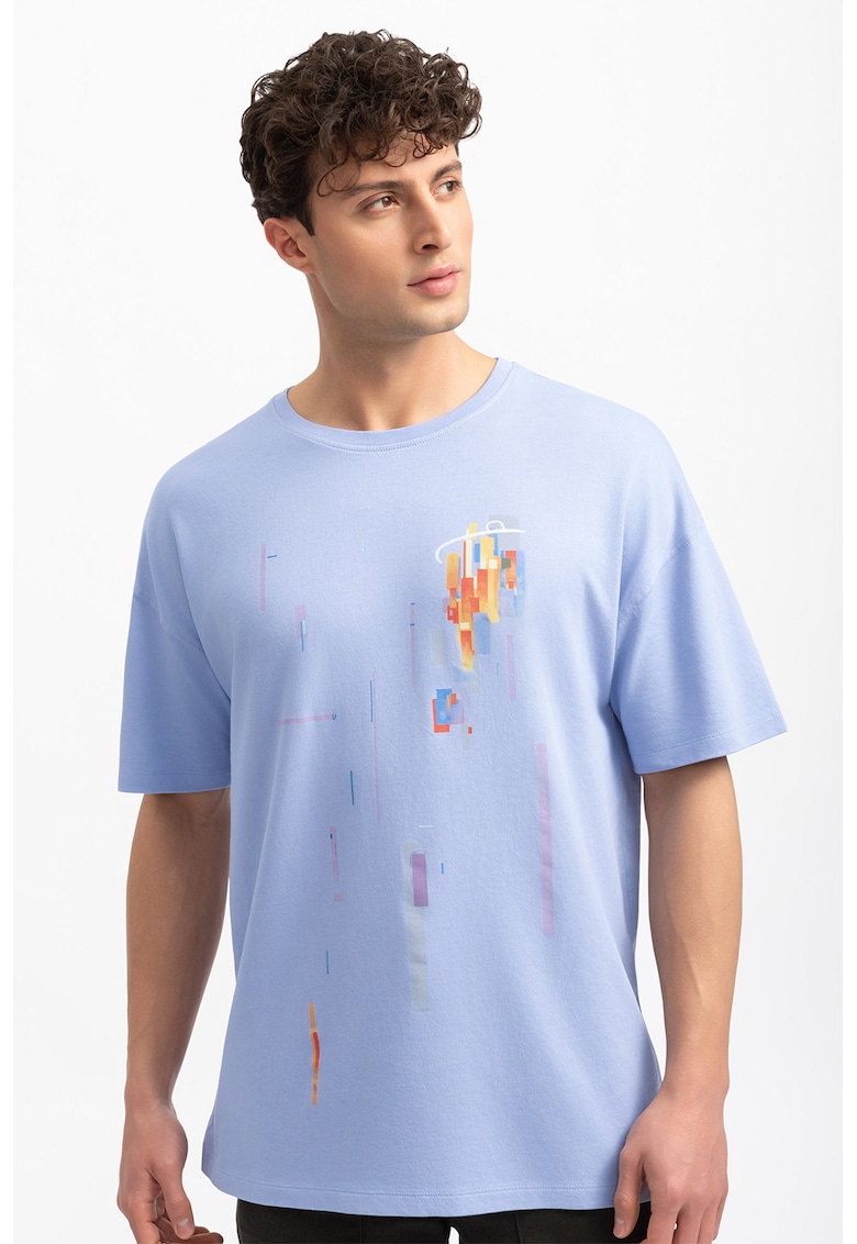 Tricou unisex cu imprimeu - Albastru pastel/Portocaliu