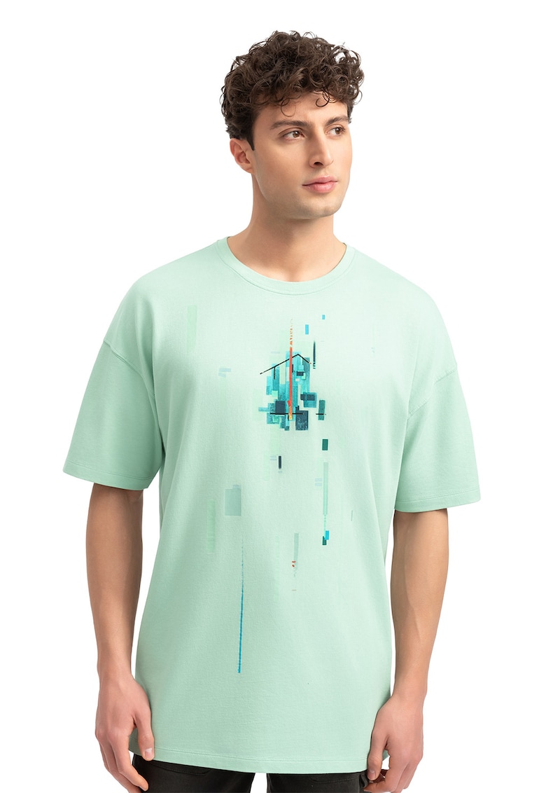 Tricou unisex cu imprimeu geometric - Portocaliu/Verde pal