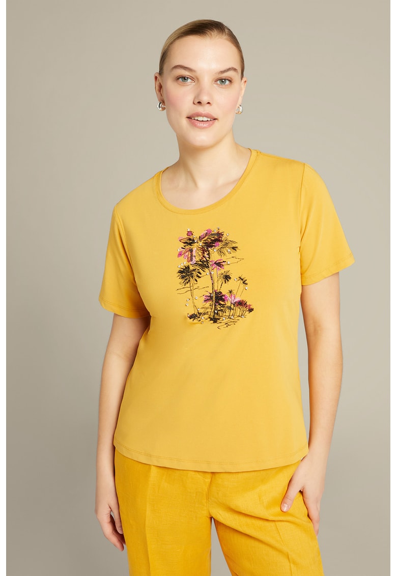 Tricou cu decolteu la baza gatului si imprimeu grafic Tricou cu decolteu la baza gatului si imprimeu grafic