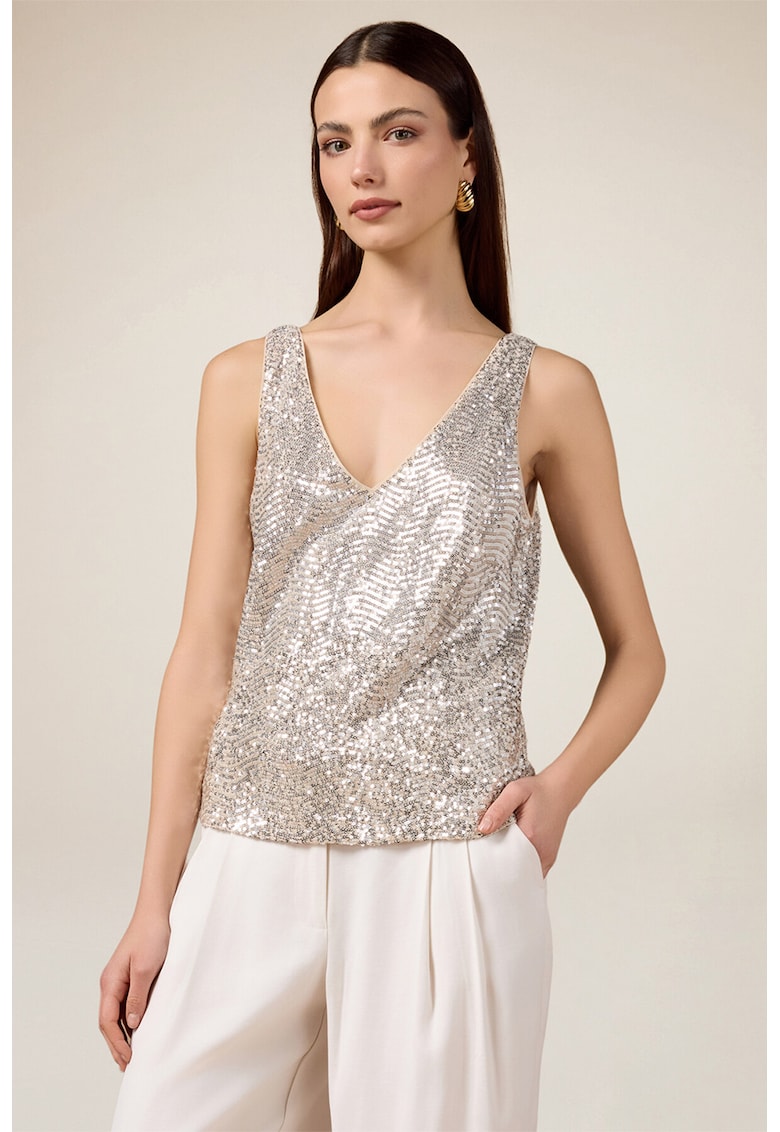Top cu decolteu in V si paiete - Argintiu
