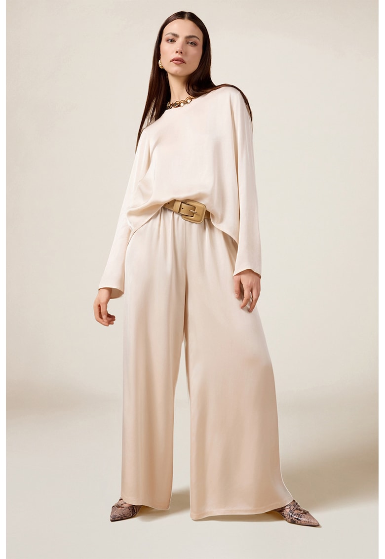 Pantaloni cu croiala ampla si talie inalta - Alb fildes