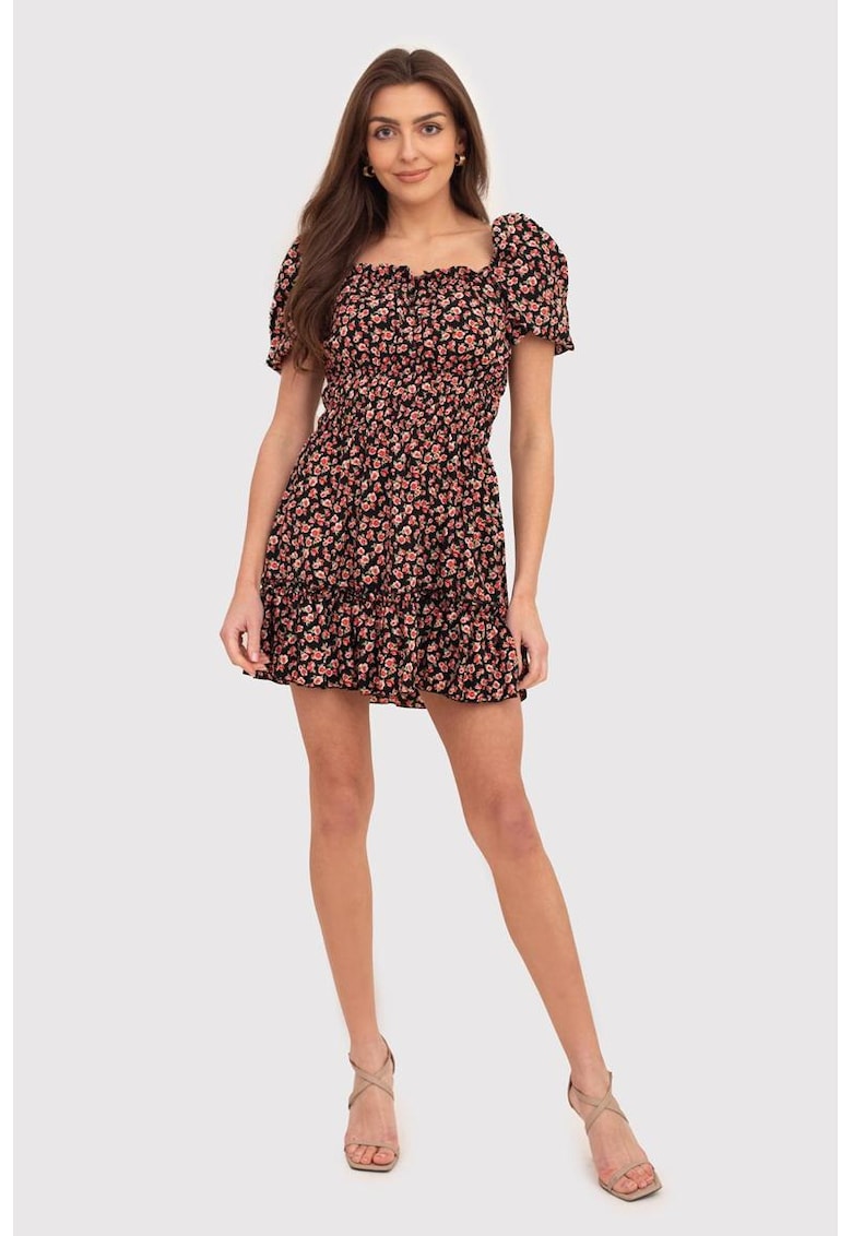 Rochie mini rosie cu maneci bufante si imprimeu floral DA1811 MULTI