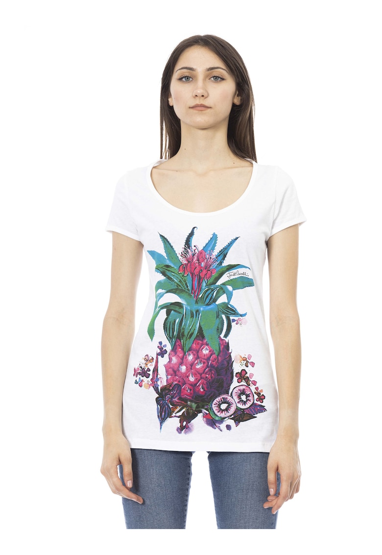 Tricou din bumbac cu decolteu rotund - Alb/Fucsia